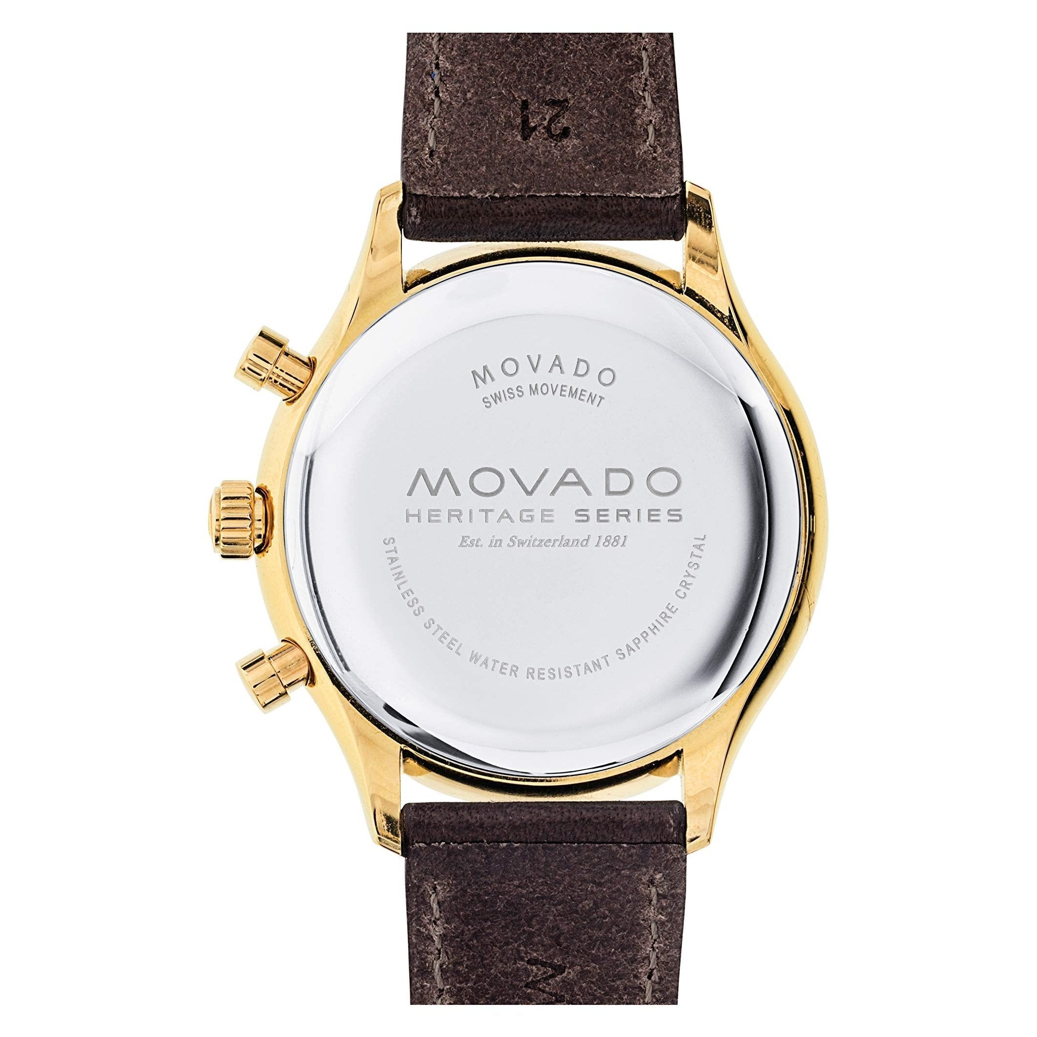 Movado Heritage Series caseback showing Swiss movement and water-resistant specifications