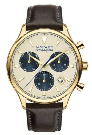 Movado Heritage Chronograph parchment dial watch with gold case and dark leather strap