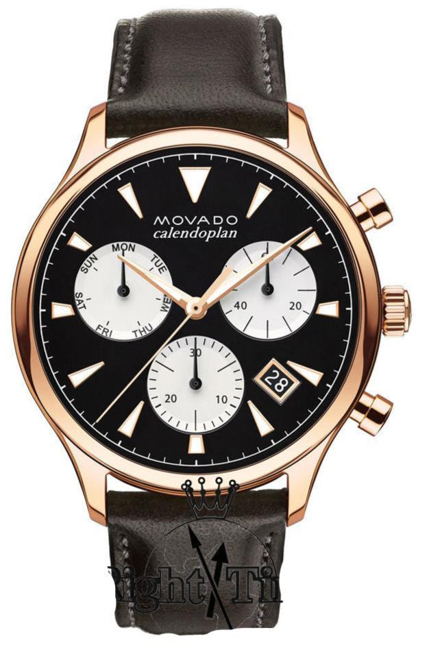 Movado Heritage Chronograph quartz watch with black dial and rose gold case