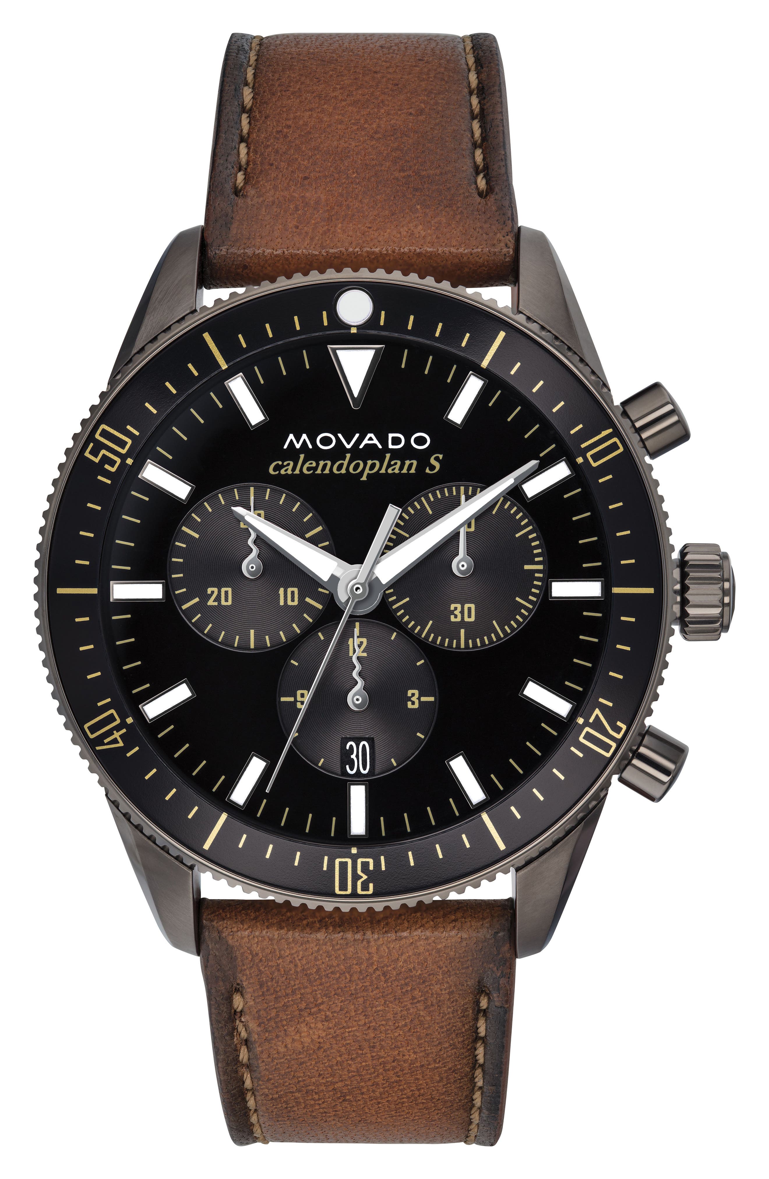 Movado Heritage Chronograph black dial watch with brown leather strap and subdials