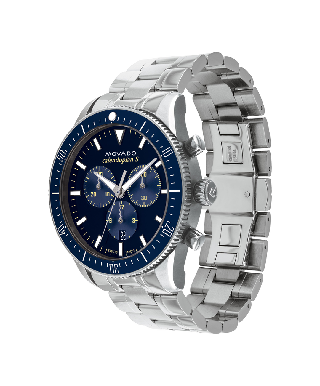 Side profile view of Movado Heritage Chronograph showing stainless steel bracelet and blue bezel