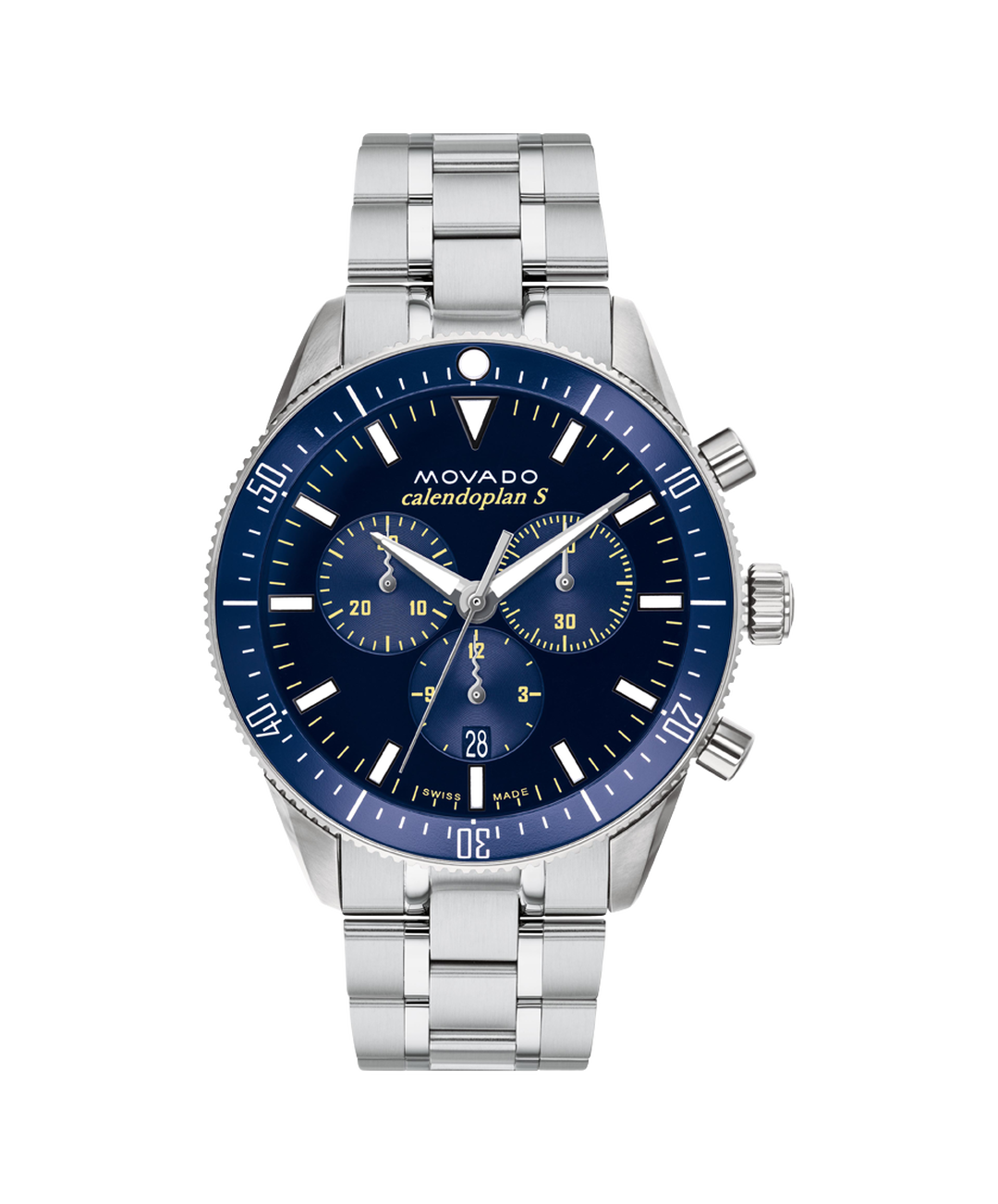 Movado Heritage Chronograph quartz watch with blue dial and stainless steel bracelet