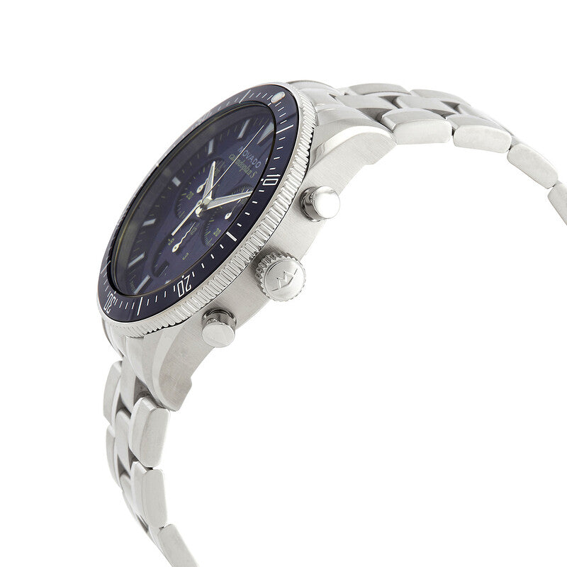 Side view of Movado Heritage Chronograph displaying blue dial and stainless steel case