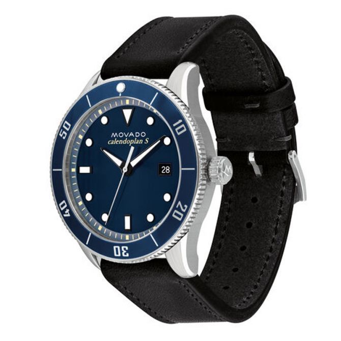 Side angle view of Movado Heritage Series watch showing black leather strap and stainless steel case