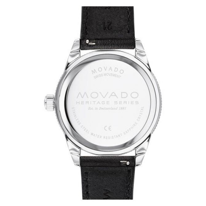 Caseback of Movado Heritage Series watch with engraved branding and specifications