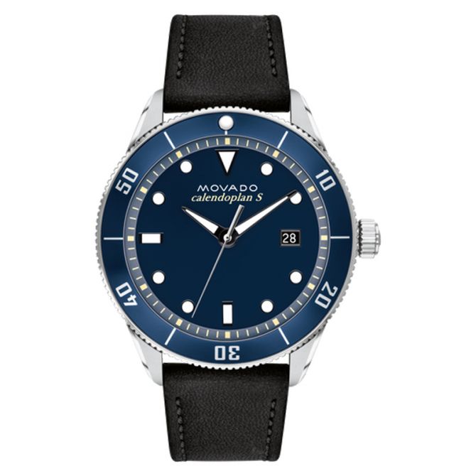 Movado Heritage Series 43mm watch with blue dial, date window, black leather strap and rotating bezel