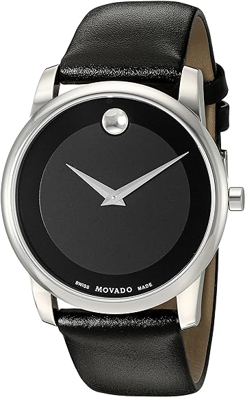 Three-quarter view of Movado Museum watch showing black leather strap and stainless steel case