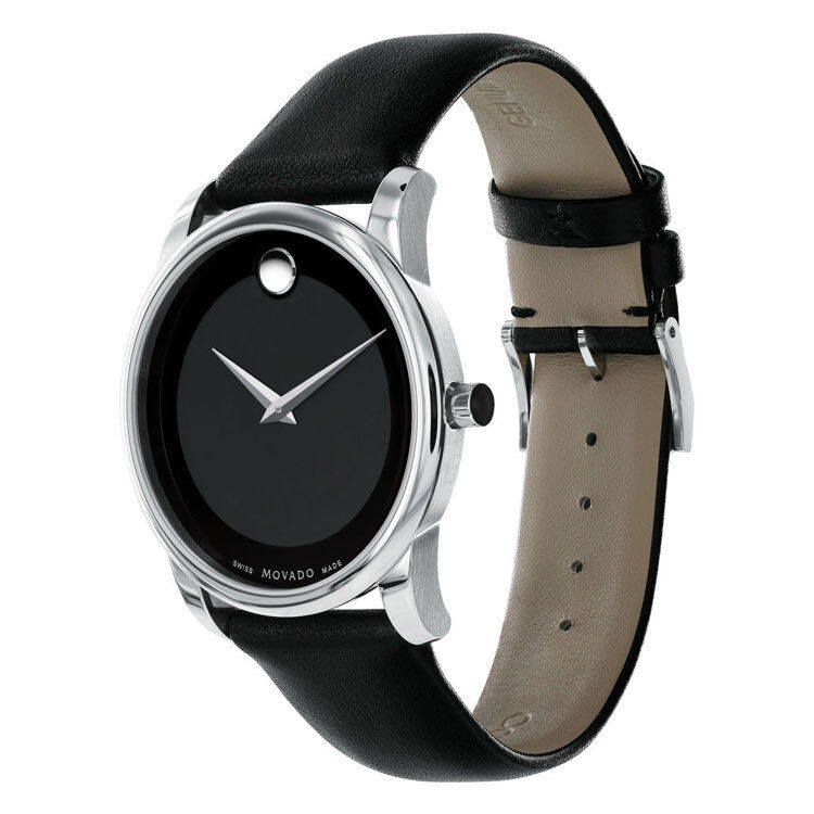 Side view of Movado Museum watch displaying profile of case and black leather strap