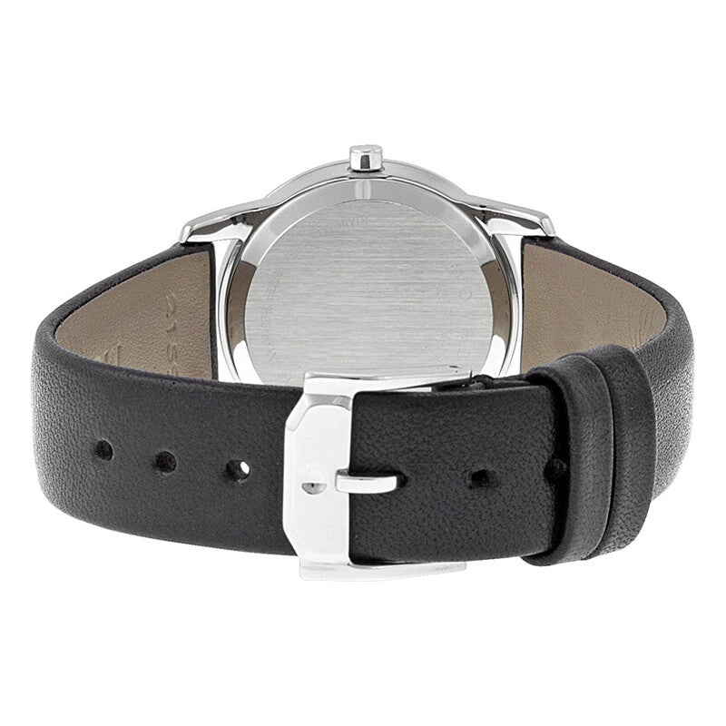 Caseback view of Movado Museum watch with stainless steel case and black leather strap