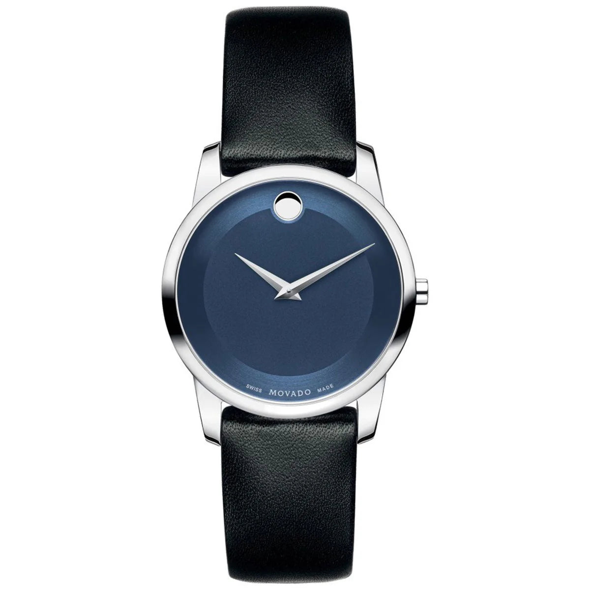 Movado Museum ladies watch with blue dial, stainless steel case, and black leather strap