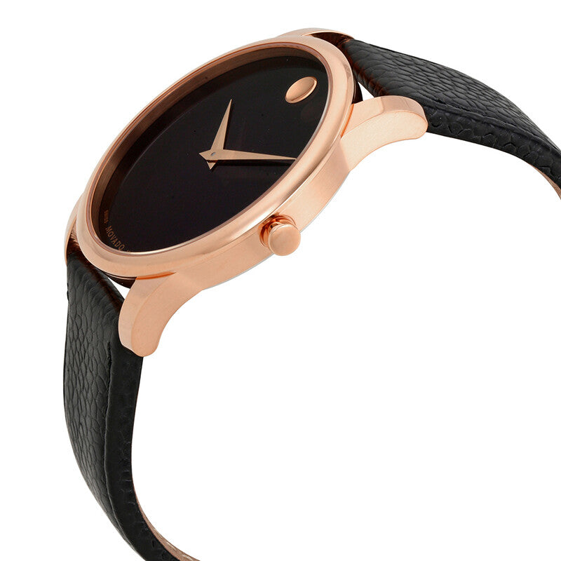 Side angle view of Movado Museum watch showing rose gold case profile and black leather strap