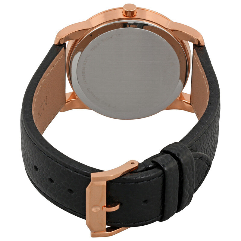 Caseback view of Movado Museum watch with rose gold case and black leather strap