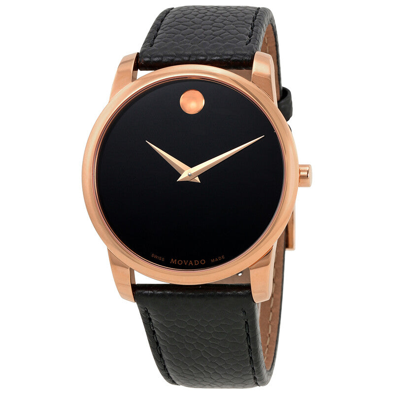 Movado Museum men's watch with black dial, rose gold case, and black leather strap