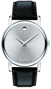 Movado Museum men's quartz watch with silver dial and black leather strap