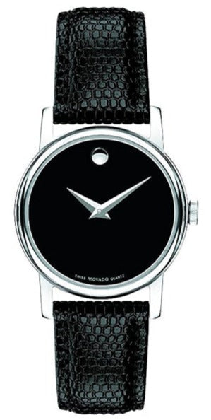 Movado Museum black dial watch with white hands and dot marker, stainless steel case, black leather strap