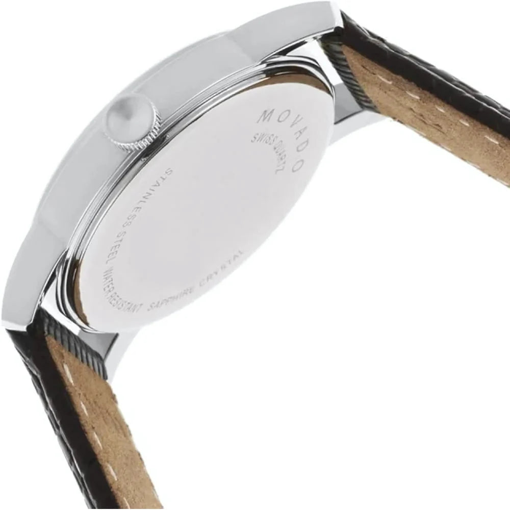 Movado Museum caseback showing engraved detail and stainless steel construction