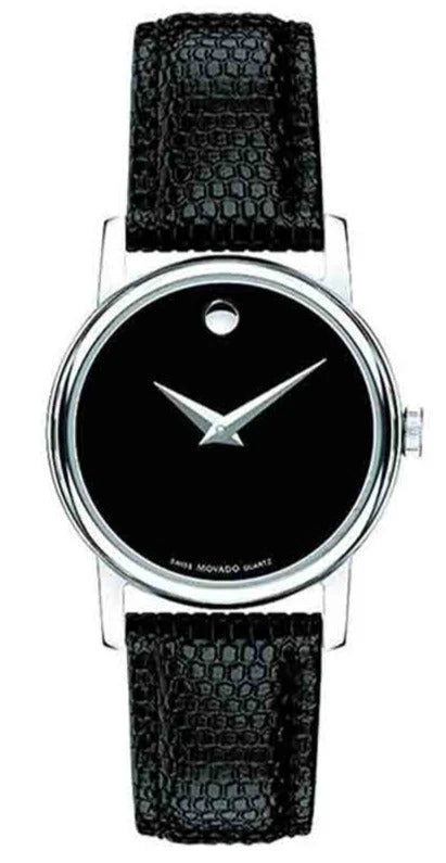 Movado Museum black dial black leather strap ladies watch with silver-tone case and signature dot