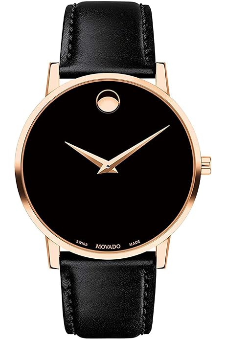 Movado Museum watch with black dial, gold-tone case, and black leather strap