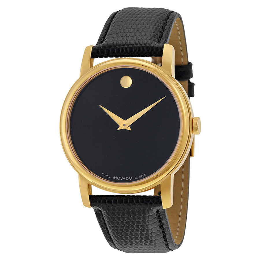 Movado Museum ladies watch from angled perspective with visible black leather band