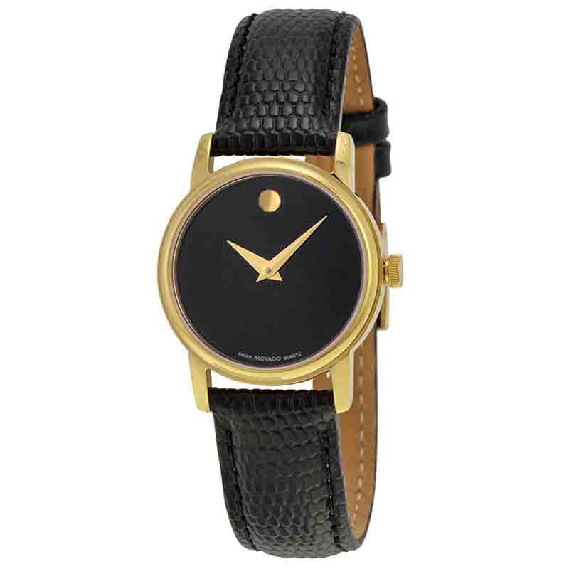 Movado Museum watch 3/4 view showing black dial, gold case, and black leather strap detail