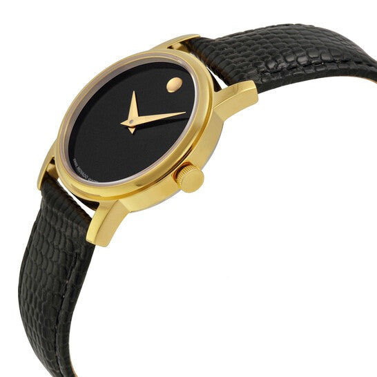 Movado Museum ladies watch worn on wrist, displaying black dial and gold-tone case