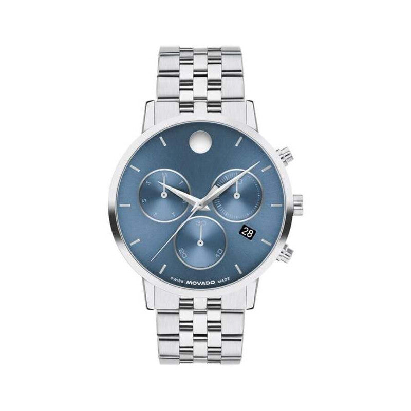Movado Museum Classic Chronograph men's watch with blue dial and stainless steel bracelet