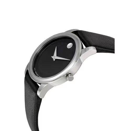 Side view of Movado Museum Classic watch showing stainless steel case and black leather strap