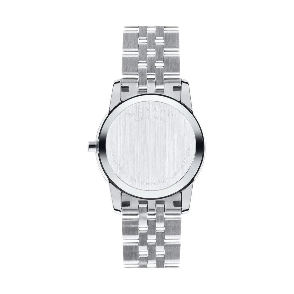Movado Museum Classic 0606505 caseback showing stainless steel construction