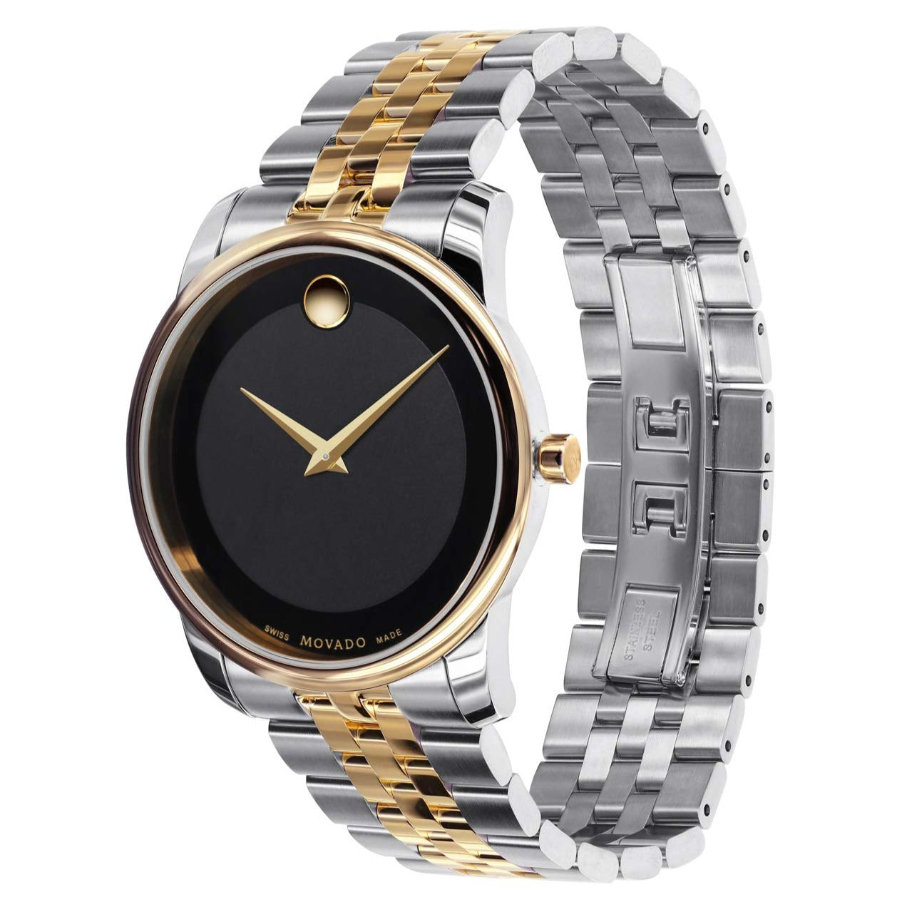 Movado Museum Classic two-tone watch showing side angle with two-tone bracelet detail