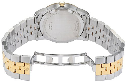 Movado Museum Classic caseback showing two-tone bracelet and stainless steel case detail