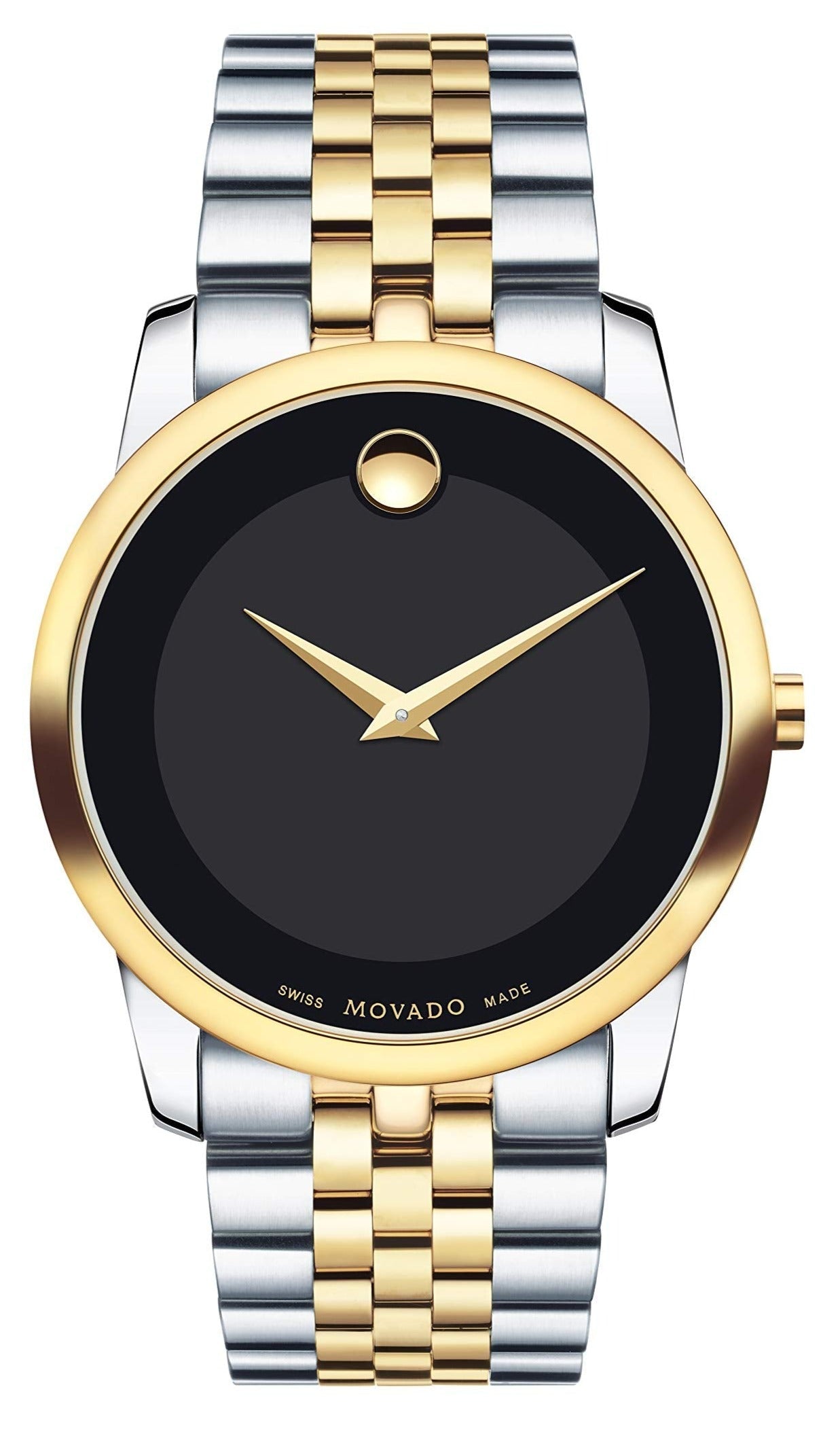 Movado Museum Classic two-tone watch with black dial and gold/silver bracelet, front view