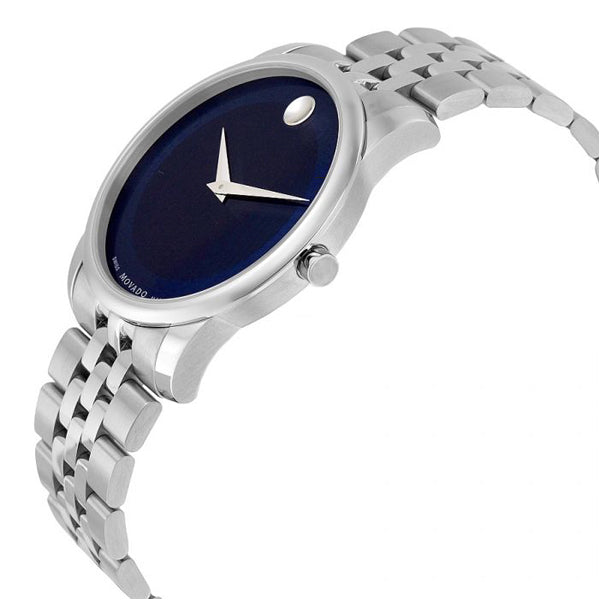 Movado Museum Classic watch angled view showing stainless steel case and blue dial with white hands