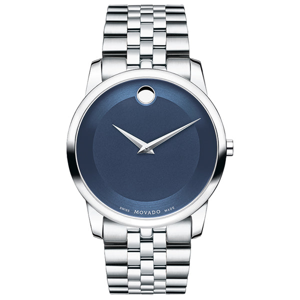 Movado Museum Classic stainless steel watch with blue dial and Museum dot, silver bracelet