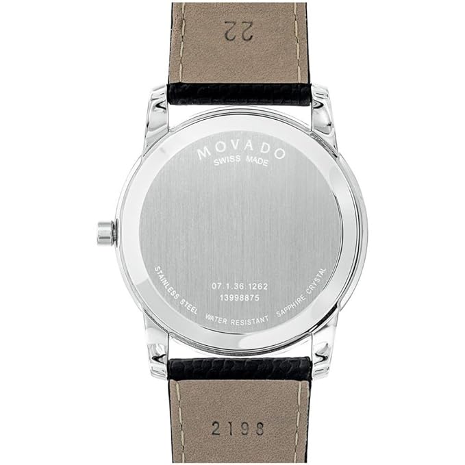 Movado Museum Classic caseback showing Swiss made engraving and water resistance specification