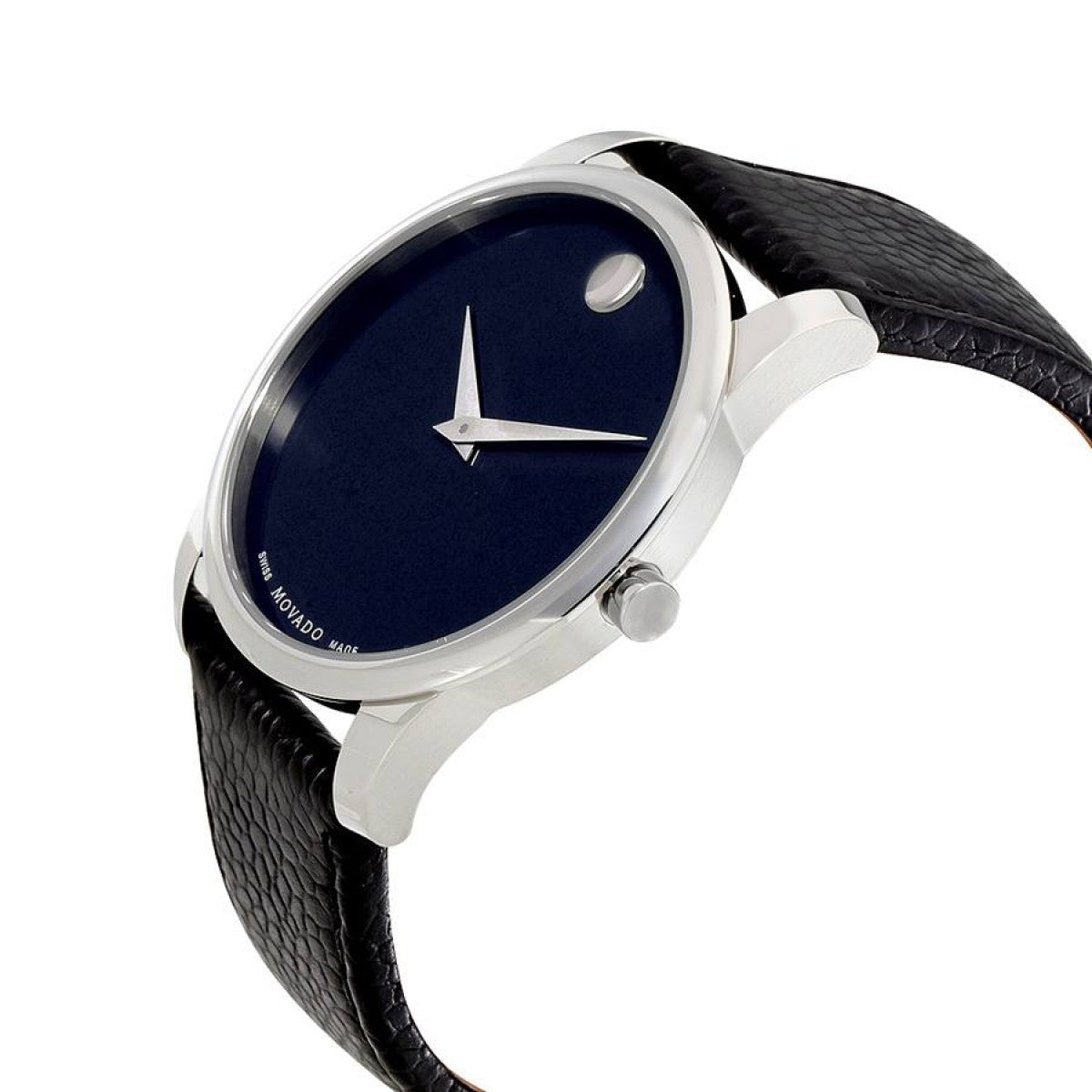 Movado Museum Classic men's watch worn on wrist with navy dial and iconic dot design