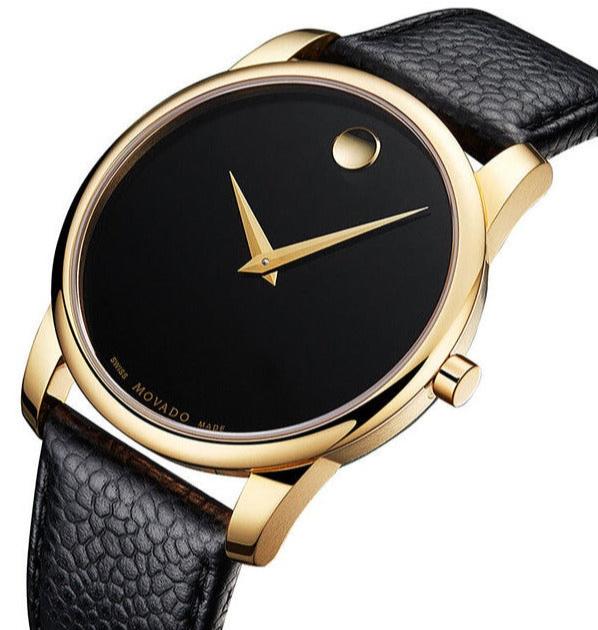 Movado Museum Classic watch three-quarter view showing gold case, black dial, and black leather strap