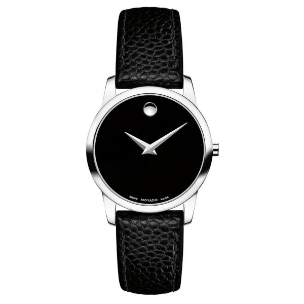 Movado Museum Classic women's watch with black dial, stainless steel case, and black leather strap