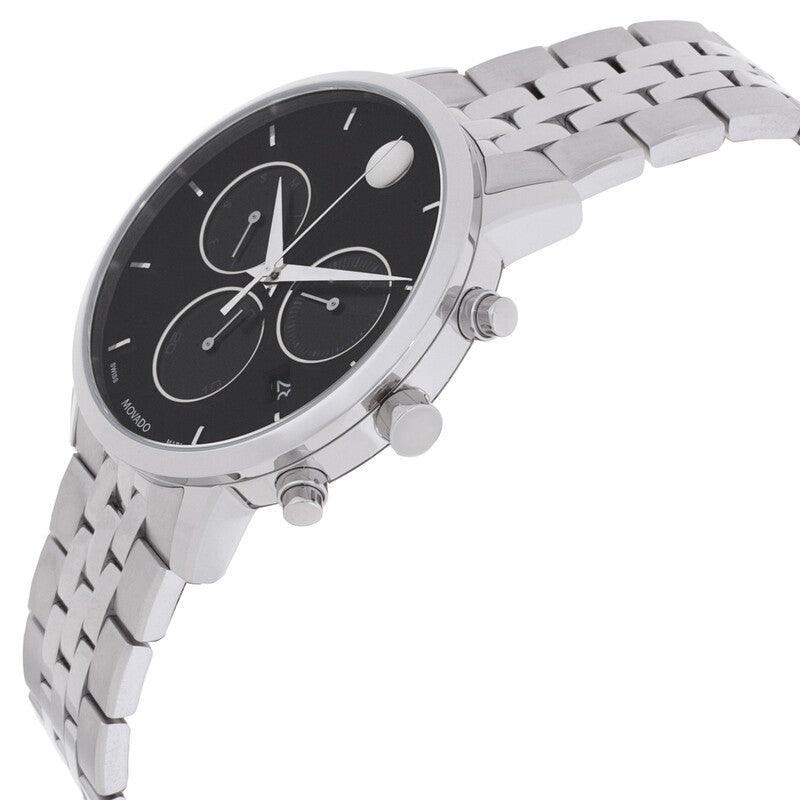 Movado Museum Classic chronograph viewed at angle showing dial and tapered stainless steel bracelet
