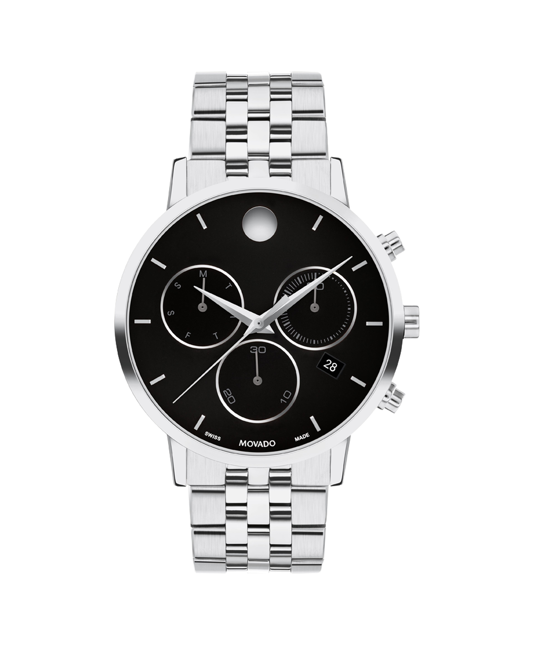 Movado Museum Classic chronograph men's watch with black dial and stainless steel bracelet