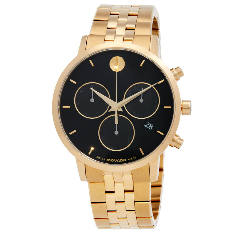Movado Museum Classic chronograph watch with black dial, gold-tone case and bracelet