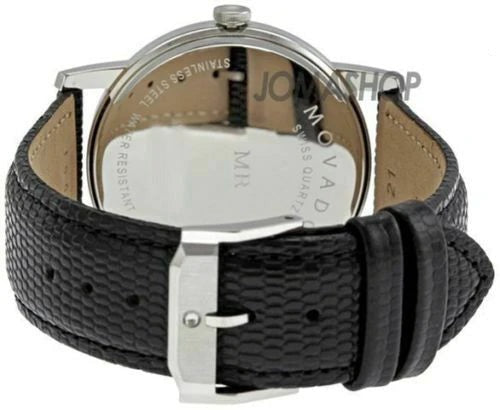 Movado Museum Classic watch caseback showing engraved branding and leather strap