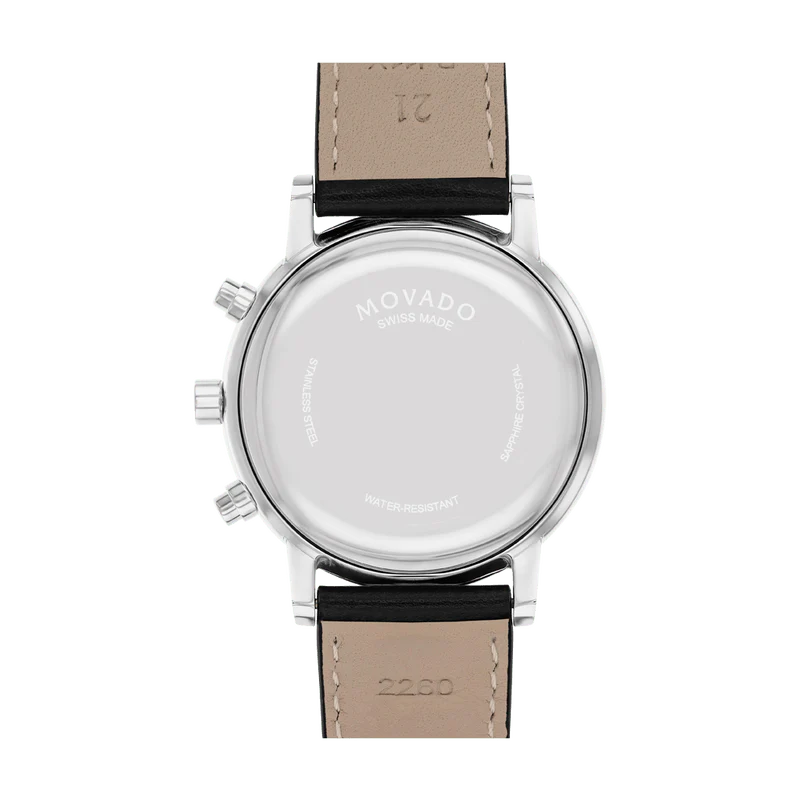 Movado Museum Classic Chronograph caseback showing stainless steel case with engraved logo