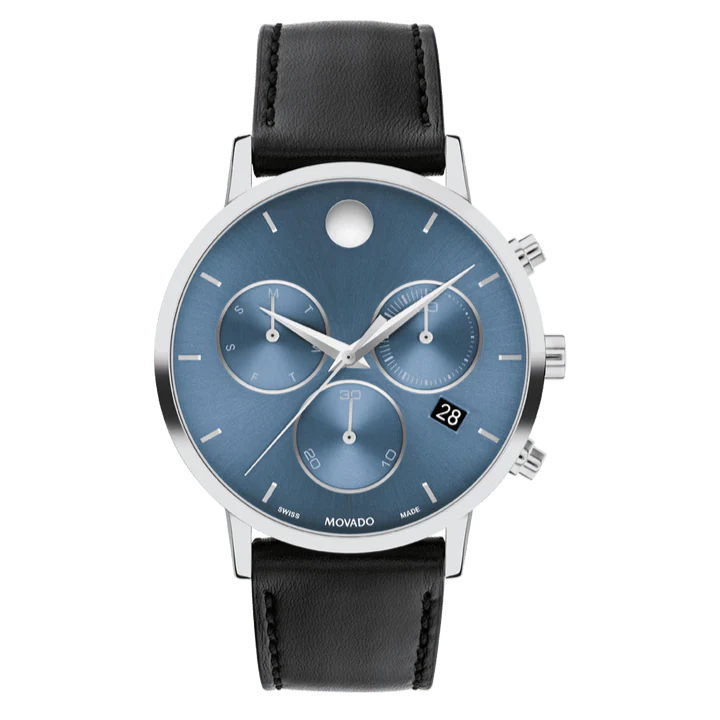 Movado Museum Classic Chronograph Quartz watch with blue dial and black leather strap