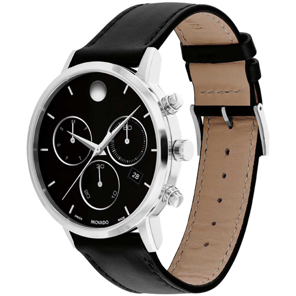 Movado Museum Classic chronograph watch showing stainless steel case, black leather strap with tan interior, and side profile