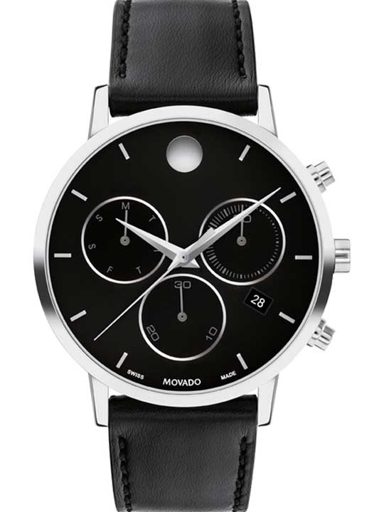 Movado Museum Classic chronograph watch with black dial, three subdials, day date window, and stainless steel case