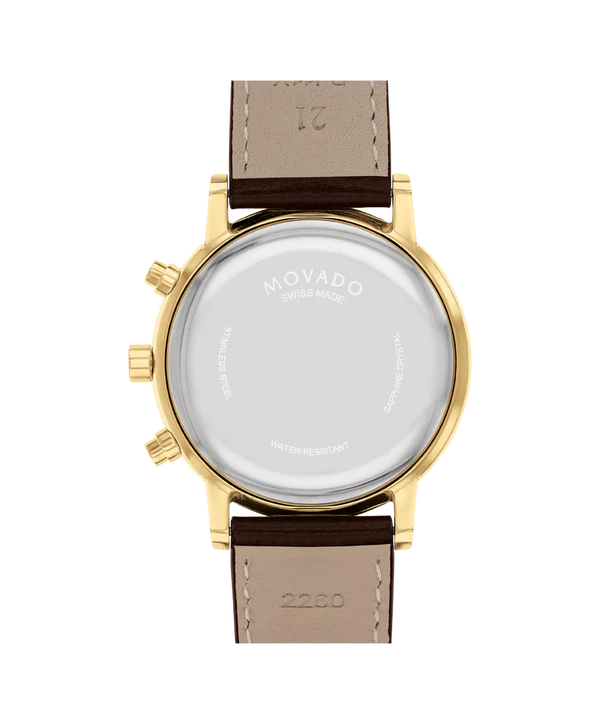 Movado Museum Classic Chronograph caseback with engraved logo and brown leather strap