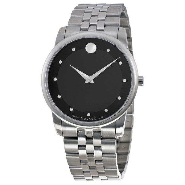 Movado Museum men's watch with black dial, diamond hour markers, silver stainless steel bracelet