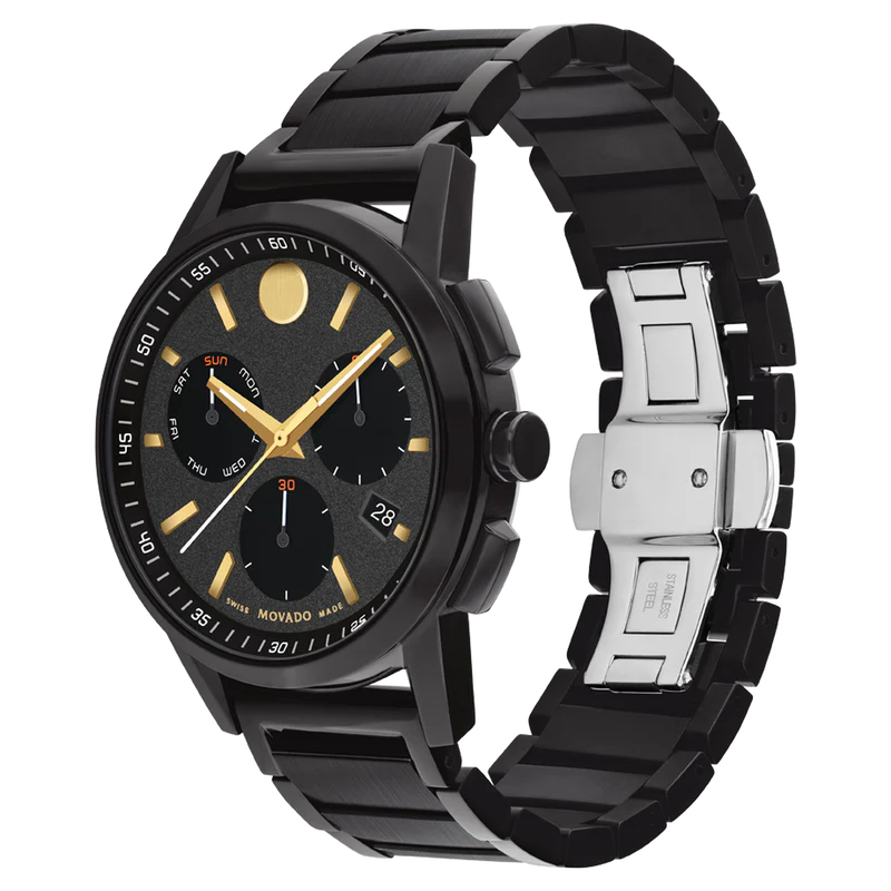 Side profile view of Movado Museum Sport chronograph showing black case and bracelet with push buttons