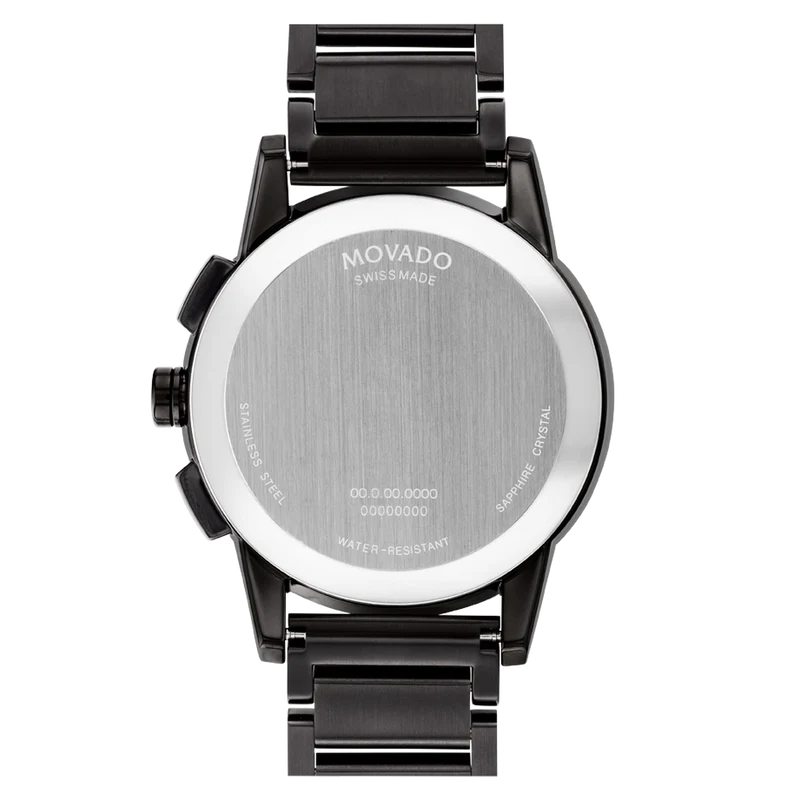 Movado caseback showing engraved logo, Swiss made marking, and water resistance specification