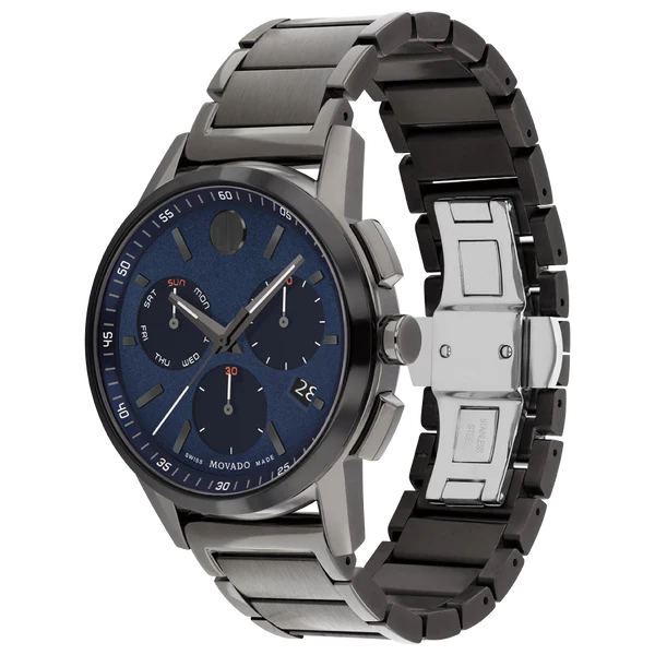 Movado Museum Sport Chronograph watch shown in profile view with stainless steel band